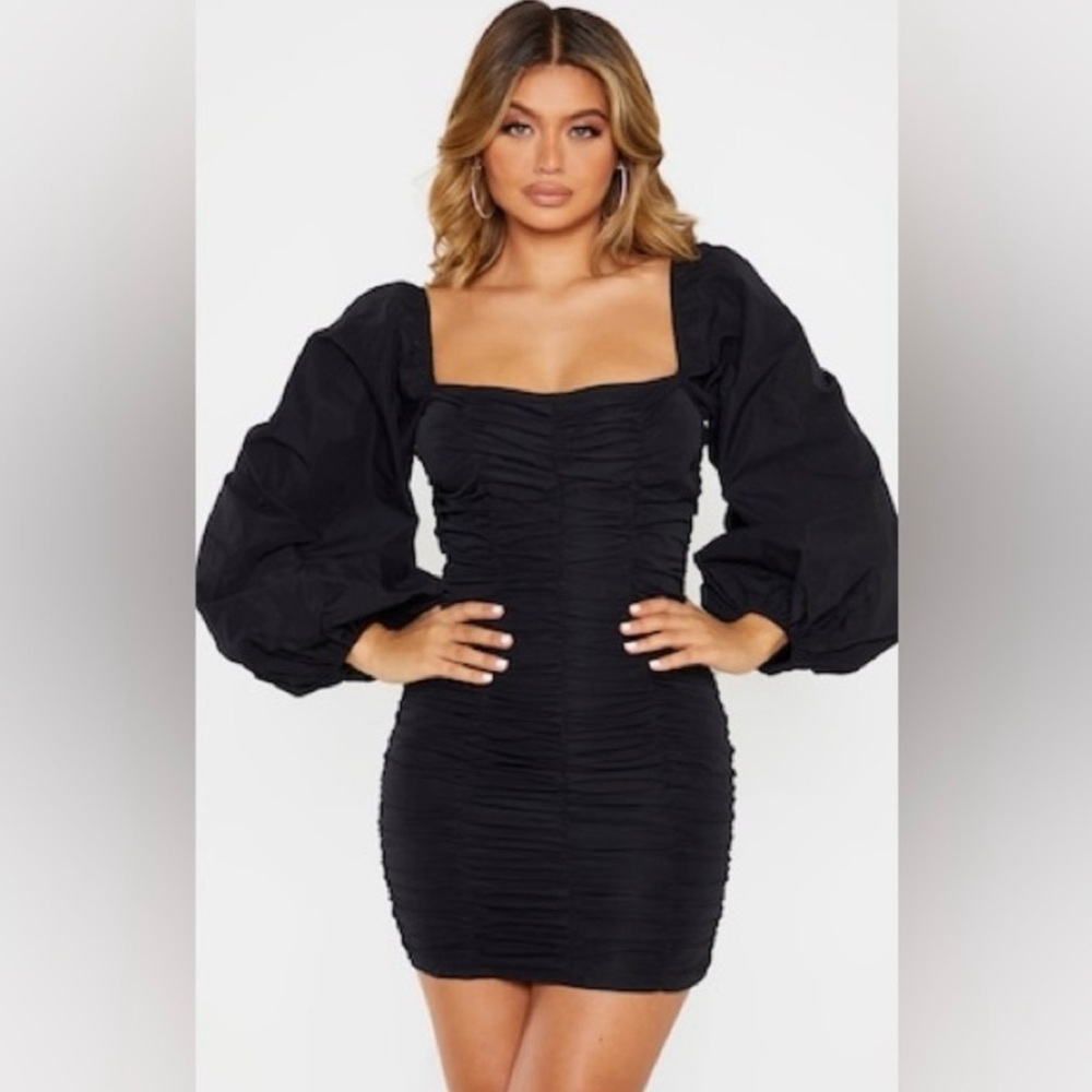 PrettyLittleThing Black Ruched Long Sleeve Dress